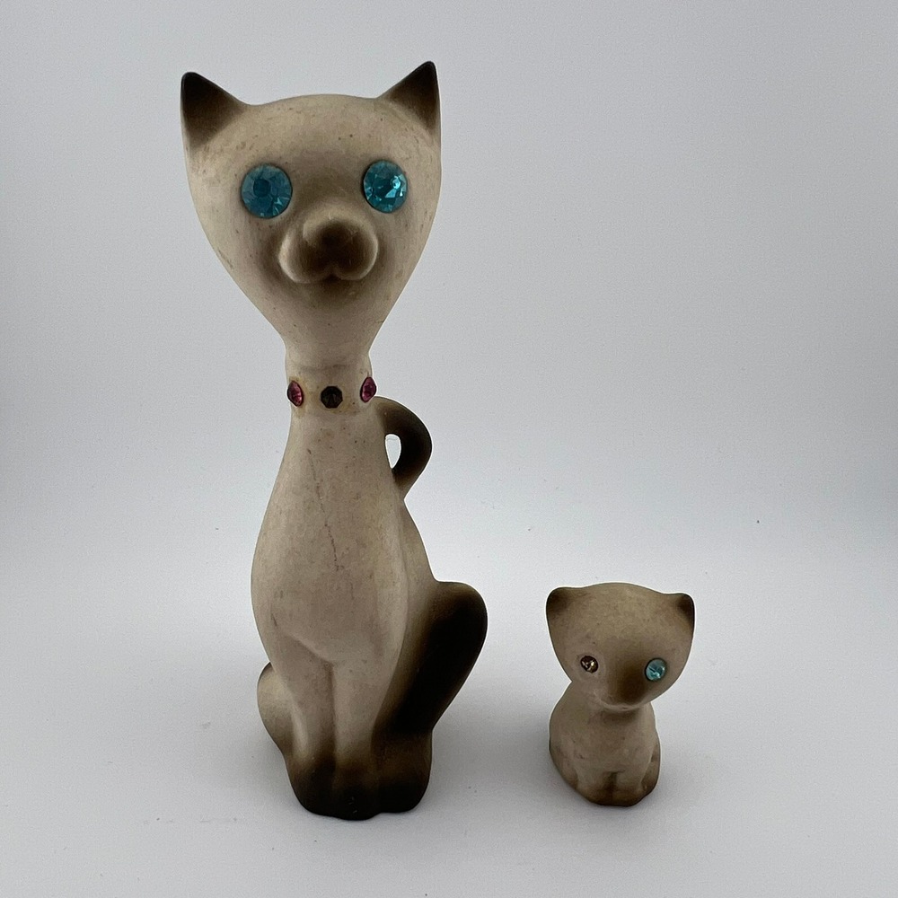 Vintage Siamese Cat Figurines Pair Rhinestone Eyes Mid Century Style